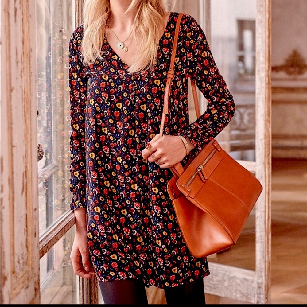 Sézane Carmen Flared Long Sleeve Dress Black Floral
